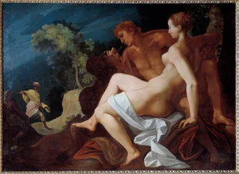 Angelique et Medor Ilustrace pro „“Le Roland Furieux““ (Orlando Furioso) od Ludovica Ariosta (Ariosto) představující Medora (Medoro) s nápisem na skále jménem Angelique (Angelica), se kterou se právě spojil – Na dně , přijíždí Roland, spol