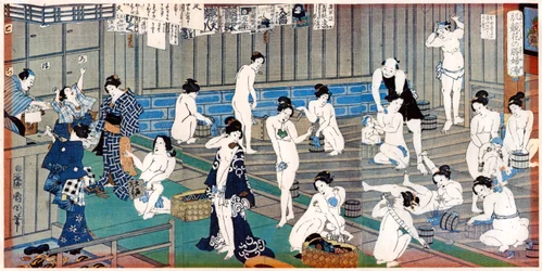 Scéna z lázeňského domu, tisk Toyohara Kunichika, 19. století