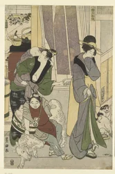 obchodník s rybami Čtvrtý měsíc, triptych Yongatsu, sanbukutsui (název na objektu) Dvanáct měsíců od Toyohiro a Toyokuni (název série) Toyohiro Toyokuni ryoga juniko (název série na objektu)