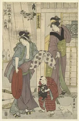 obchodník s rybami Čtvrtý měsíc, triptych Yongatsu, sanbukutsui (název na objektu) Dvanáct měsíců od Toyohiro a Toyokuni (název série) Toyohiro Toyokuni ryoga juniko (název série na objektu)