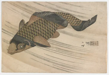 Carp Swimming Upstream, období Edo, polovina 20. let 19. století (barevný dřevotisk)