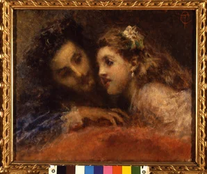 Attrazione (Přitažlivost), muž se nakloní k dítěti v komplice a uklidňujícím způsobem. Pravděpodobně je to otec a jeho dcera (ústně). Obraz Tranquillo Cremona (1837-1878) Galleria d