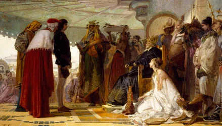 Marco Polo před Velkým tatarským chánem, od Tranquillo Cremona, cca 1863