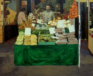 Stánek se zeleninou (Deptford, Londýn), 2009 (olej na desce)
