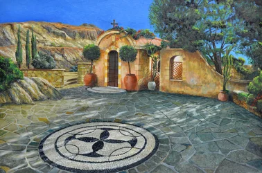 Kaple Lyndos, Rhodos, Řecko, 2024 (olej na desce)