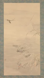 Jestřáb uchopuje malého ptáka, 19. století.