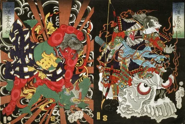 Kintoki Overpowering a Demon and Warrior on Skull, 1868 (barevný dřevěný tisk)