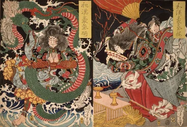 Tawaraya Tda and a Dragon a Ono no Komachi Praying for Rain ze série Valor in China and Japan, 1868 (barevný dřevotisk)