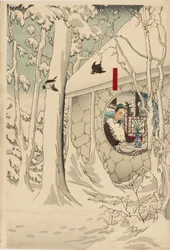 Woodblock print triptych - Gentoku navštěvující komei v jeho útočišti, ve sněhové bouři, konec 19. století