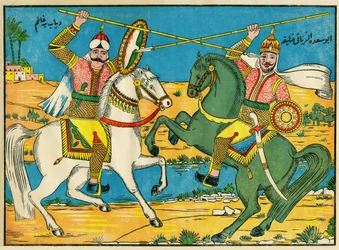 Bitva mezi chalífou Abú Saadou al-Zanátím a Diabem Ibn Ghanem v jižním Egyptě. Lidové obrazy, Tunisko
