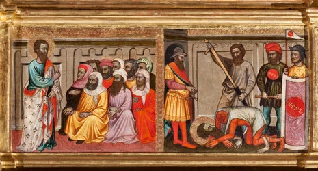 Predella se životem svatého Bartoloměje, sťatého v Arménii, detail Panny a dítěte obklopeného anděly a svatými (olej na panelu