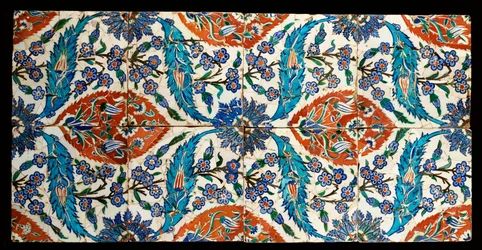 Osm kompozitních polychromovaných čtvercových dlaždic Iznik, kolem 1575