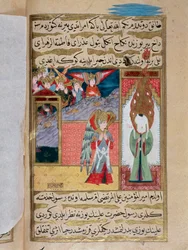 Setkání archanděla Gabriela a proroka Mohameda (Muhammed nebo Muhammad) (570-632) (zakrytý obličej) v mešitě v Medině”” Turecká miniatura z 18. století Istanbul, Muzeum turecko-islámského umění Turecko