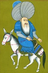 Nasreddin Hodja jede na koni pozpátku (akvarel na papíře)