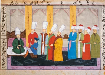 Osmanská miniatura zobrazující evropského velvyslance na dvoře paláce Topkapi, rukopis, Turecko