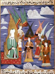 Prorok Mohamed (Mohammed nebo Mohamed) (570-632) (zakrytý obličej) během jeho miniaturního nočního výletu do Peršanů v 18. století. Musée Topkapi Istanbul Turecko