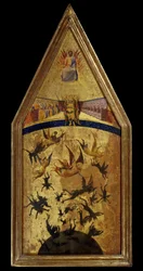 Pád vzbouřených andělů. Obraz Mistra rebelských andělů ze školy Siena, první polovina 14. století. Paříž, Musee du Louvre.