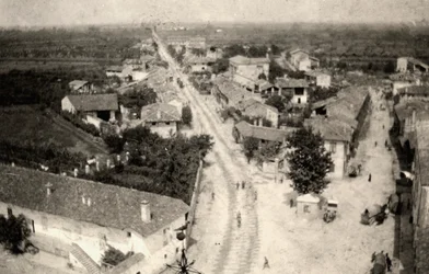 Panoramatický záběr města Římanů, pořízený ze zvonice kostela během první světové války (č/b foto)