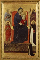 Panna s dítětem na trůn se svatými Petrem, Pavlem, Janem Křtitelem, Dominikem a donátorem, 1325-35