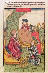 Císař Zikmund (1367-1437) Lucemburský přijímá poctu svých uherských poddaných, 1483, (barevný dřevoryt) (viz také 316982)