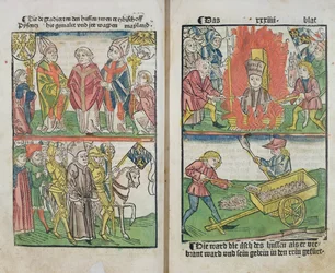 Jan Hus upálen na hranici na kostnickém koncilu, z „Dějin kostnického koncilu“, vydáno 1483