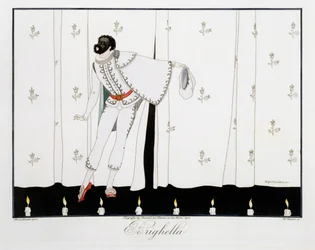 Brighella, z edice „Masky a postavy italského divadla“ Le Journal des Dames et des Modes, vyryl Henri Reidel (fl.1914-20) 1914 (barevně lito)