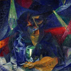 Dáma v kavárně aneb "" Soustředění světel a plánů "" (Donna al caffe - Prolínání světel a plánů) Obraz Umberta Boccioniho (1882-1916) cca 1912 Rozměr 86x86 cm Milán, Museo del Novecento