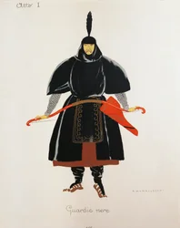 Kostým pro černé stráže z Turandot od Giacoma Pucciniho, návrh Umberta Brunelleschiho (1879-1949) pro první uvedení opery v Teatro alla Scala v Miláně, 25. dubna