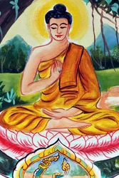 20151029, Vientiane, Laos: buddhistický chrám Wat Inpeng. Malba znázorňující životní příběh Buddhy Šákjamuniho. Učící Buddha zachycuje konkrétní okamžik Buddhova života, totiž první kázání, které Buddha pronesl po dosažení osvícení