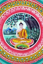 20151029, Vientiane, Laos: buddhistický chrám Wat Inpeng. Obraz zobrazující životní příběh Buddhy Šákjamuniho. Buddha sedí v meditační pozici