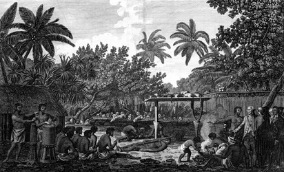 Lidská oběť v Morai, v Otaheite, za přítomnosti kapitána Cooka, c1773