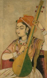 Dáma hrající na Tanpuru, ca. 1735.