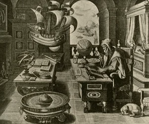 Navigační expert při práci ve svém studiu s Globe and Compass, c1591, 1928.