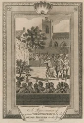 Reprezentace velkého střeleckého zápasu londýnskými lukostřelci v roce 1583.