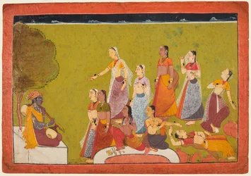 Skupina žen v extázi před Madhavou, ze série Madhavanala Kamakandala, c1700.
