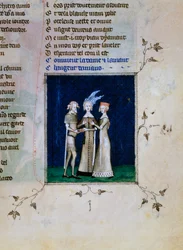 Rytíř a dáma si vyměňují prsteny, c1350