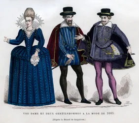Dáma a dva pánové ve francouzských šatech z let 1605 1882-1884