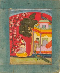 Dáma trhající květy ilustrující hudební režim Ramakali Ragini, c1675