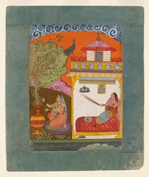 Dáma trhající listí, ilustrující hudební režim Gunakali Ragini, c1675