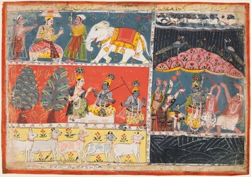 Stránka z Bhágavata Purány: Indra posílá proud deště, Krišna zvedá horu Govardhana, 1686.