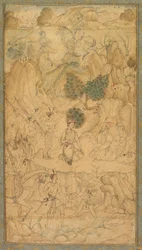 Princ na návštěvě svatého muže ve skalnaté krajině, c. 1590.