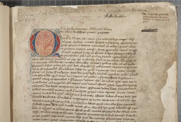 Přepis filozofických děl Marca Tullia Cicera ve třech rukou, zdánlivě převzatý z vydání romana z roku 1471, s margináliemi v ruce Archibalda Whitelawa a dalších, kolem roku 1480 (inkoust na pergamenu)