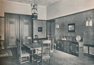 Pohled na jídelnu v berlínském bytě, navržený M. H. Baillie Scott, c1909.