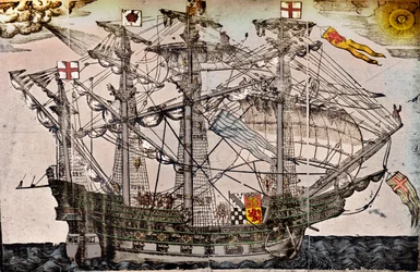 Dřevoryt lodi, která je považována za The Ark Royal, c1587
