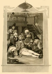 Admirál Lord Nelson smrtelně zraněn při vítězství v bitvě u Trafalgaru, 1805, 1816.