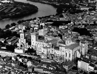 Letecký pohled na papežský palác (1335-1355) a Cathedrale Notre Dame des Doms (Notre-Dame-des-Doms) (12. století). Avignon, Vaucluse