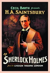 Titulek divadla "Sherlock Holmes" od Williama Hookera Gillette (1853-1937) a Arthur Conan Doyle (1859-1930): "Cecil Barth představuje H A Saintsbury (Harry Arthur Saintsbury 1869-1939) jako Sherlocka Holmese" au Ly Divadlo v Londýně v roce 1903