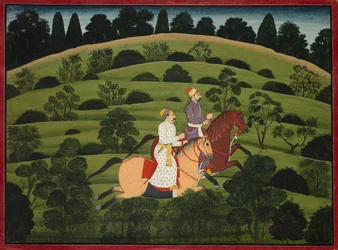 Akrura Rides Toward Dwarka, stránka z velké Basohli Bhagavata Purana, c. 1760-1765.