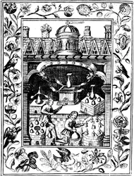 Alchymistická laboratoř ukazující různé formy pecí a nádob, 1652