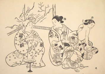 Oiran sedící v salonu aplikuje oheň na obnažená záda jiné ženy.